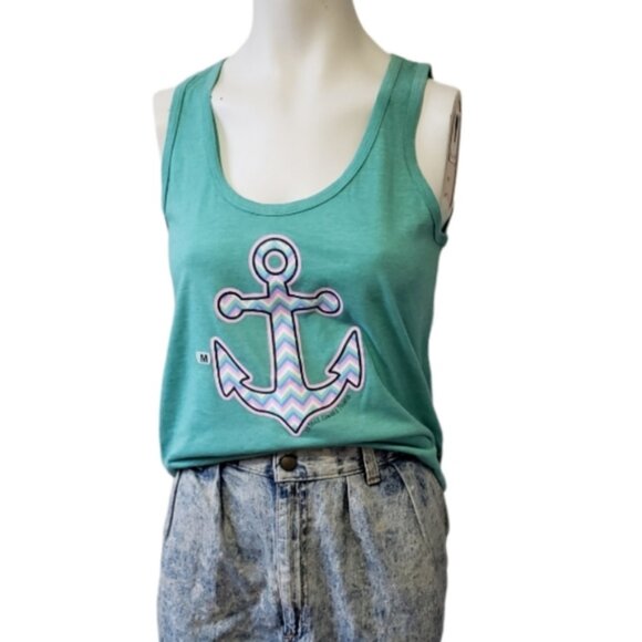 None Tops - NWT PEI medium anchor ocean chevron graphic tank top seafoam green